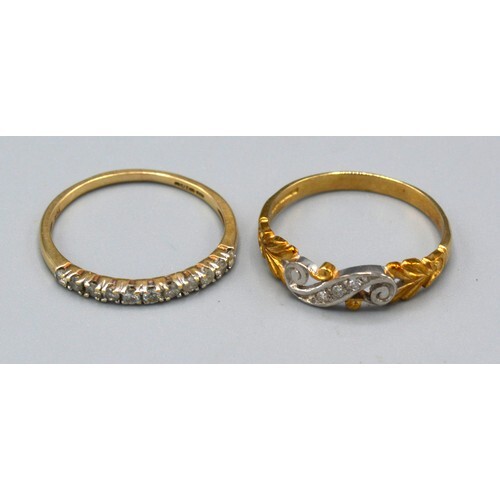 A 9ct. Gold Dress Ring of scroll form set three small diamon...