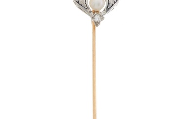 A Belle Epoque platinum and gold, pearl and diamond stickpin...