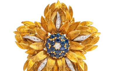 A Bicolor Gold, Sapphire and Diamond Flower Pendant/Brooch, Leon