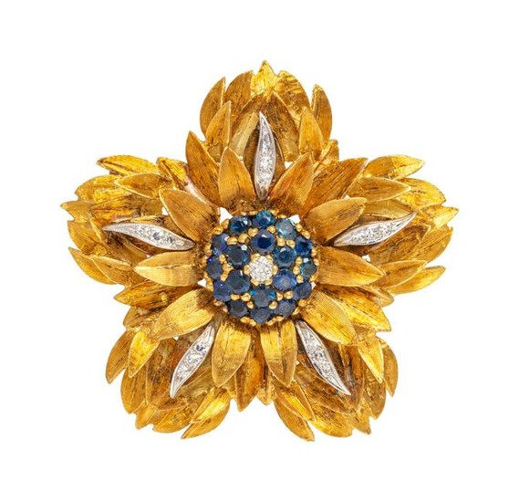A Bicolor Gold, Sapphire and Diamond Flower