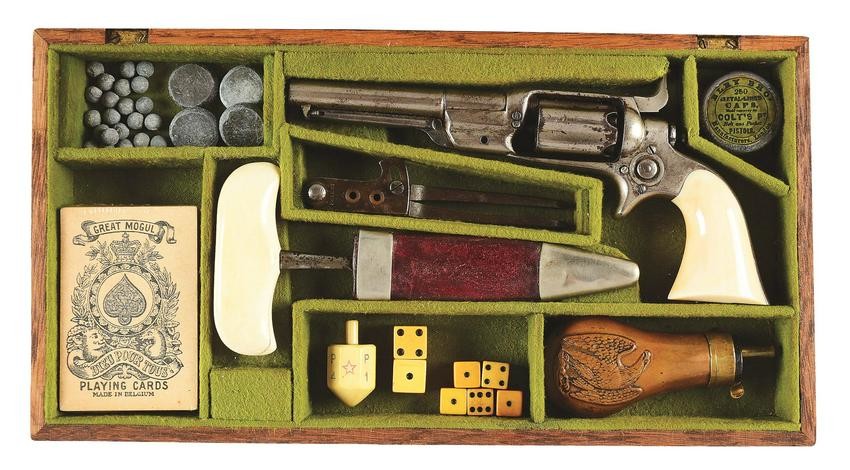 (A) CASED NICKEL COLT ROOT PERCUSSION REVOLVER IN