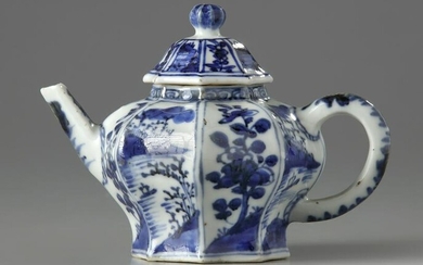 A CHINESE BLUE AND WHITE MOULDED OCTAGONAL TEAPOT AND