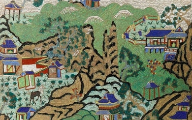 A CHINESE CLOISONNE RECTANGULAR 'LANDSCAPE' PANEL 18TH/EARLY 19TH CENTURY Decorated...