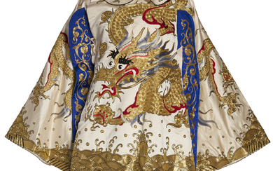 A CHINESE EMBROIDERED CREAM SILK ROBE SHANGHAI THEATER COSTUME FACTORY,...