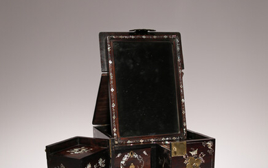 A CHINESE HARDWOOD AND MOTHER OF PEARL INLAID LADY'S TOILET BOX
