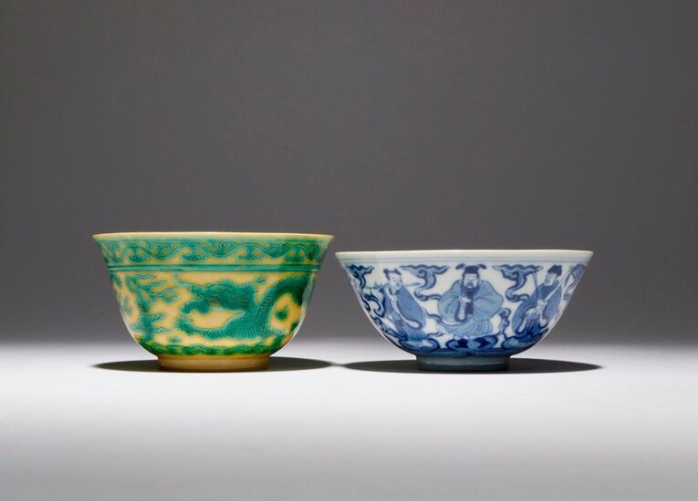 A CHINESE YELLOW-GROUND 'DRAGON' BOWL AND A BLUE AND WHITE...