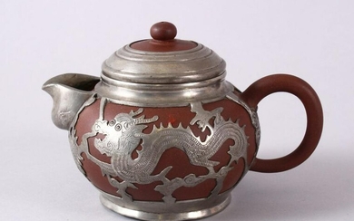 A CHINESE YIXING CLAY & WHITE METAL DRAGON TEAPOT, The