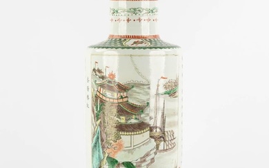 A Chinese Famille Verte 'Roulleau' vase, decorated with calligraphy and a landscape. (H:46 x D:19