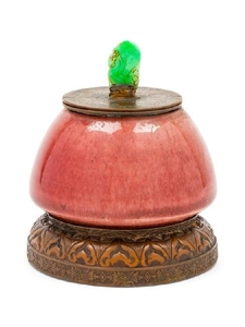 A Chinese Peachbloom Glazed Porcelain Metal and Jadeite Mounted Inkwell