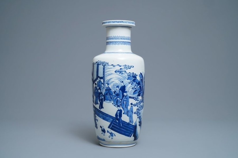 A Chinese blue and white rouleau vase with...