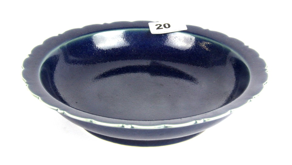 A Chinese blue glazed porcelain bowl, Dia. 22cm, with six character mark to base.