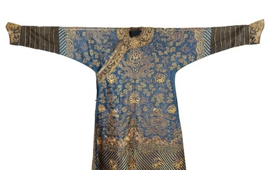 A Chinese blue-ground and goldwork embroidered dragon robe, 19th century
