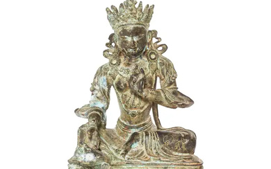 A Chinese bronze figure of a bodhisattva, 20th century, seated in lalitasana...