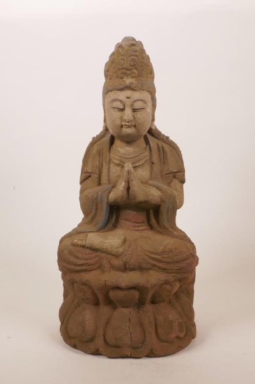 A Chinese carved and painted wood figure of Buddha...
