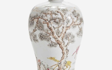 A Chinese famille rose-decorated "Deer and Crane" meiping vase 粉彩“鹿鹤”梅瓶 Chenghua six-character mark but later 成化六字款 年代为成化以后