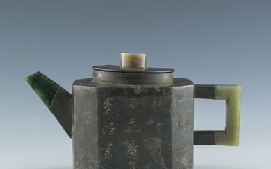 A Chinese jade and pewter encased zisha teapot, by Fan Luzeng (Chinese, 19th century)