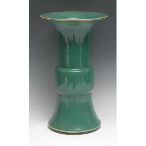 A Chinese monochrome gu-shaped beaker vase, glaze throughout...