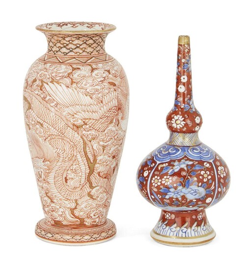 A Chinese porcelain blue and white 'clobbered' rosewater sprinkler and a Japanese porcelain vase, 18th and 19th century, the sprinkler decorated with floral sprays and later red enamelled, 17.5cm high, the vase decorated with a dragon and phoenix...
