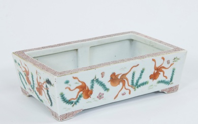 A Chinese porcelain polychrome rectangular naicissus flower pot famille rose with decor veil fish and aquatic plants, apocryphal Qianlong mark
