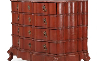 A Danish 18th century red painted oak Rococo chest of drawers, curved...