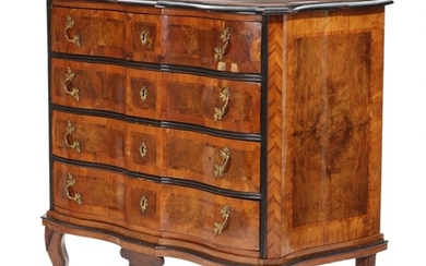 A Danish mid 18th century “Langeland” walnut and marquetery Rococo chest. Presumably made by Jørgen Nielsen “Blomsnider”. H. 129. W. 132. D. 67 cm.