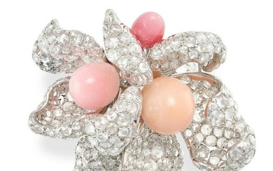 A FINE CONCH PEARL AND DIAMOND FLOWER RING designed as two flowers set with three conch pearls