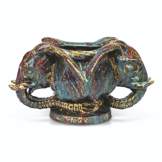 A FRENCH STONEWARE DOUBLE-HEADED ELEPHANT VASE BY PIERRE-ADRIEN DALPAYRAT WITH JEAN COULON