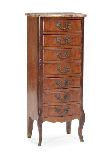 A French circa 1900 rosewood chiffoniere with marble top, curved front with seven drawers. H. 111. W. 46. D. 32 cm.