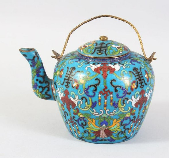 A GOOD SMALL CHINESE CLOISONNE TEA POT, decorated with
