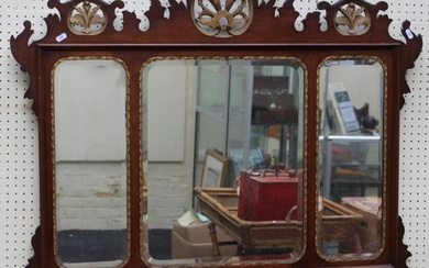 A George II style mahogany triple glass fret framed mirror,...