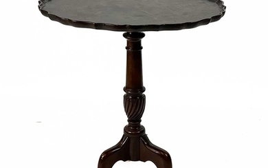 A George III style burr elm pie crust tripod wine table. 19t...