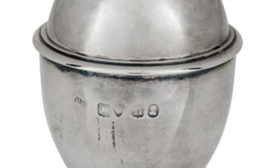 A George IV silver pepper by Paul Storr, London, 1828, of ovoid form, the body raised on a circular foot and the pierced domed cap designed with bayonet fastening, 8.5cm high, approx. weight 2.3oz