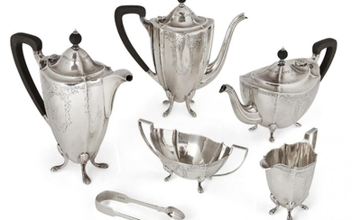 A George VI five-piece silver tea set , Birmingham, c.1950, Barker Brothers, comprising tea pot, coffee pot, hot water pot, sugar and milk, together with an associated pair of Victorian silver sugar nips, the Barker Bros pieces all of shaped oval...
