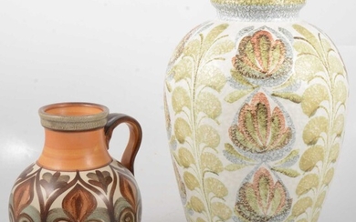 A Glyn Colledge design ovoid vase for Denby, green leaf pattern, and a pitcher.