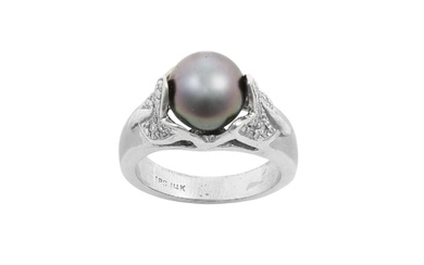 A Grey Cultured Pearl and Diamond Ring the grey cultured...