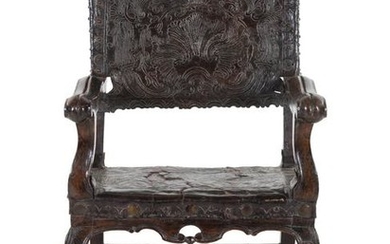 A Henry II Style Leather-Upholstered Open Armchair