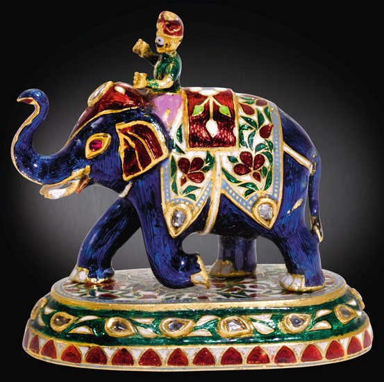 A JEWELLED GOLD AND ENAMEL ELEPHANT AND RIDER, INDIAN, PROBABLY SECOND HALF OF THE 19TH CENTURY