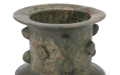 A Khurasan bronze mortar “Havan”, cylindrical body with slanting base and matching...
