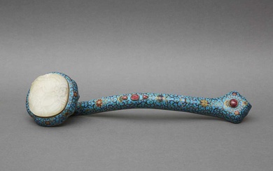 A LARGE CHINESE GILT AND CLOISONNÉ ENAMELED METAL RUYI SCEPTER WITH A WHITE JADE MOUNT 清 掐絲琺琅嵌玉如意