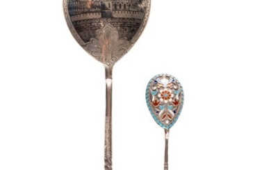 A LARGE SILVER AND NIELLO SPOON SHOWING AN ARCHITECTURAL VI