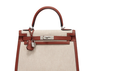 A LIMITED EDITION ÉCRU TOILE H & CUIVRE AND MAUVE PALE SWIFT LEATHER SELLIER KELLY 28 WITH PALLADIUM HARDWARE HERMÈS, 2022