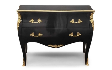 A LOUIS XV STYLE BLACK LACQUERED AND ORMOLU MOUNTED COMMODE