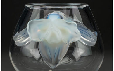 A Lalique Opalescent and Clear Glass Orchidée Vase (post-1945)