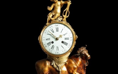 A Louis XV patinated and gilt-bronze mantel clock, circa 1750 | Pendule au taureau en bronze patiné et doré d'époque Louis XV, vers 1750