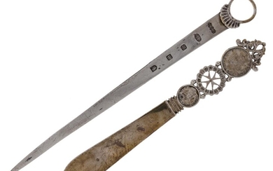 A Maltese coin-set paper knife, with gilded blade to openwork and coin-set handle, the larger coin a 1780 Order of Emmanuel de Rohan 6 Tari, 24cm long, together with a Continental meat skewer with later Sheffield hallmarks, 800 standard, 28.6cm...