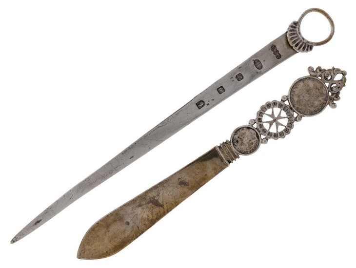 A Maltese coin-set paper knife, with gilded blade to openwork and coin-set handle, the larger coin a 1780 Order of Emmanuel de Rohan 6 Tari, 24cm long, together with a Continental meat skewer with later Sheffield hallmarks, 800 standard, 28.6cm...