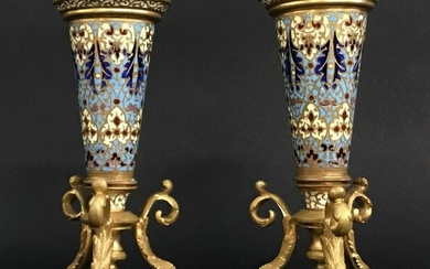 A PAIR OF 19TH C. FRENCH CHAMPLEVE ENAMEL VASES