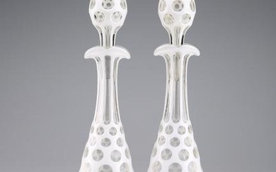 A PAIR OF 19TH CENTURY BOHEMIAN OVERLAY GLASS DECANTERS