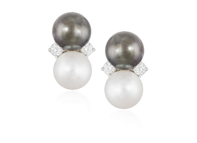 A PAIR OF CULTURED PEARL AND DIAMOND EARRINGS...