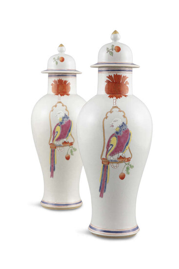 A PAIR OF FAMILLE ROSE ‘PARROT ON A...